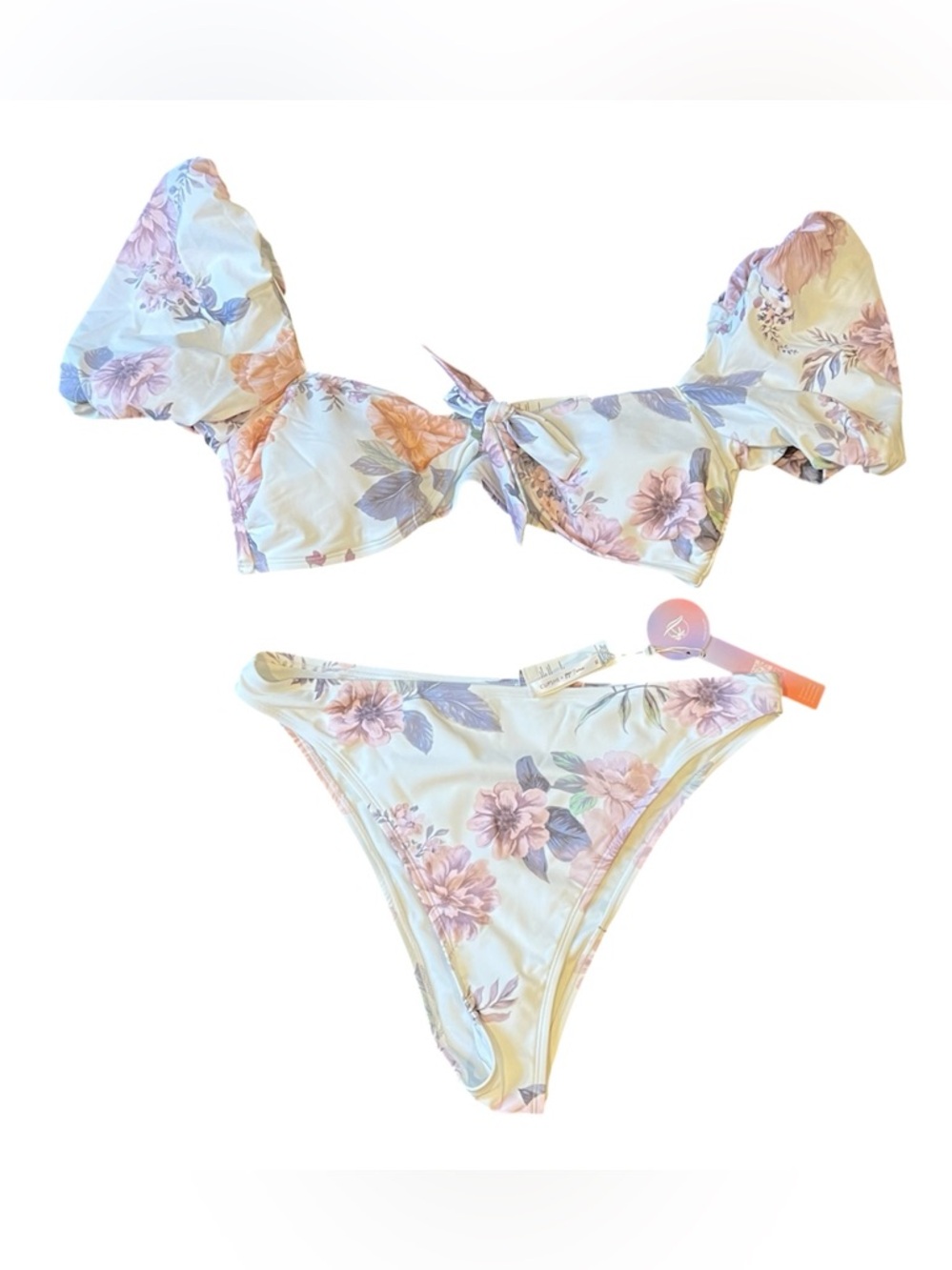 Cupshe XL Eden Floral Puff Sleeve Extra Cheeky High Waist Bikini Set NWT Swim
